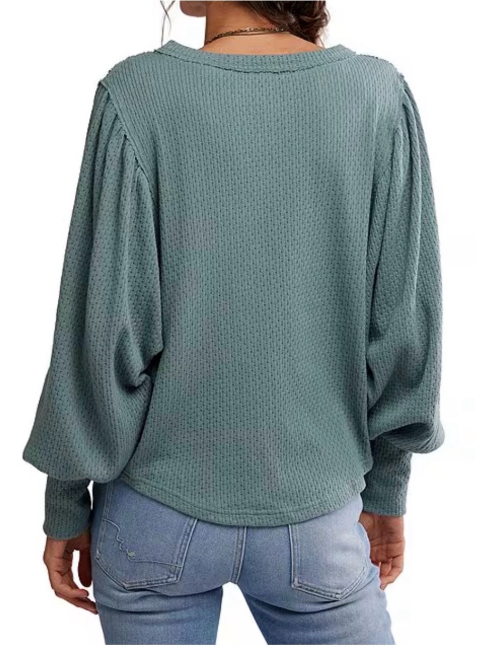 Free People We The Free Quinn Henley Long Sleeve Thermal Knit Top Jade Ash L - Picture 2 of 10